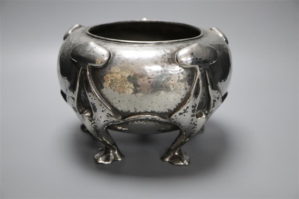 A Libertys Tudric pewter jardiniere, on five legs with spade feet, shape no. 01130, diameter 23cm